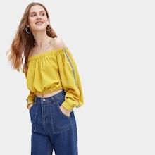 Romwe Striped Tape Panel Off The Shoulder Crop Blouse
