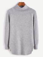 Romwe Grey Roll Neck Raglan Sleeve High Low Slit Sweater