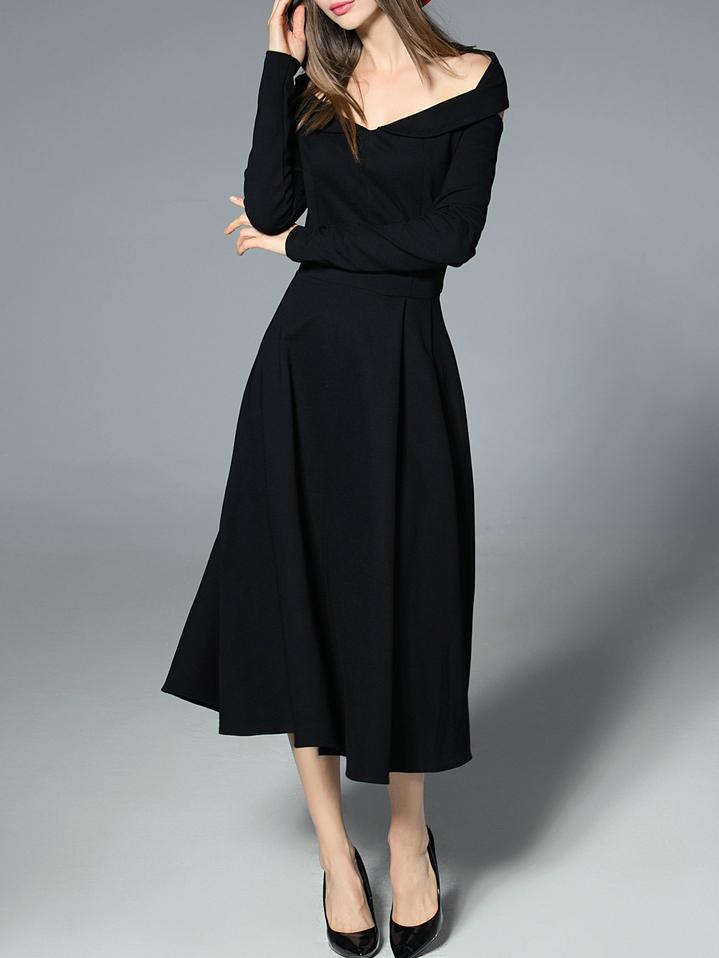 Romwe Black V Neck Backless A-line Dress
