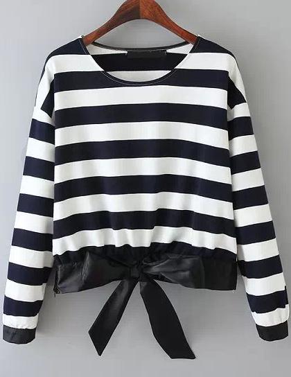 Romwe Black Long Sleeve Striped Bow Blouse