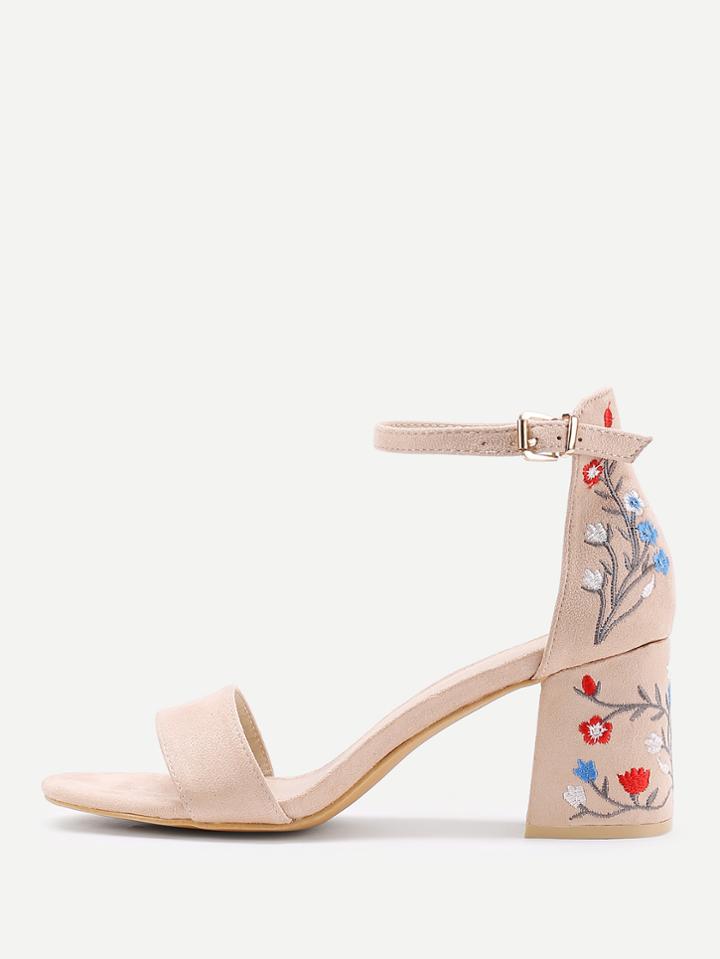 Romwe Flower Embroidery Two Part Block Heeled Sandals