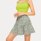 Romwe Tartan Frill Trim Pleated Skirt