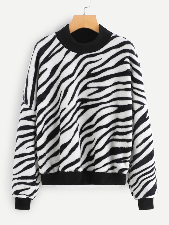 Romwe Drop Shoulder Zebra Pattern Sweatshirt