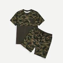 Romwe Guys Cut-and-sew Camo Top & Shorts Pj Set