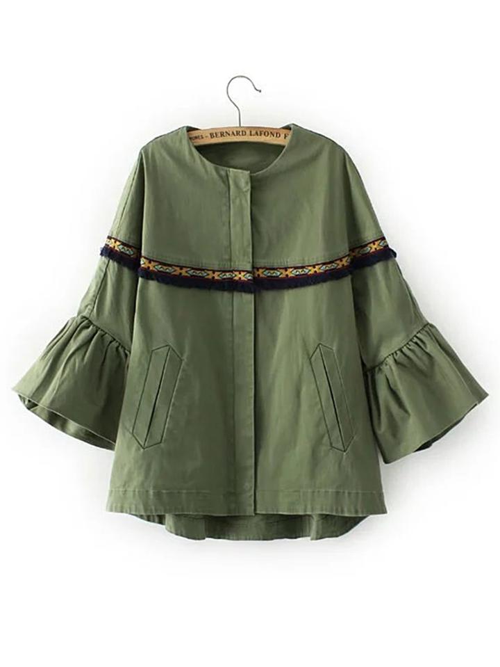 Romwe Bell Sleeve Fringe Trim Embroidery Jacket