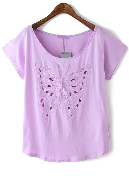 Romwe Butterfly Embroidered Hollow Purple T-shirt