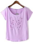 Romwe Butterfly Embroidered Hollow Purple T-shirt