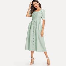 Romwe Puff Sleeve Button Up Fit & Flare Dress