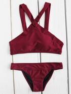 Romwe Wine Red Cross Design Beach Bikini Set