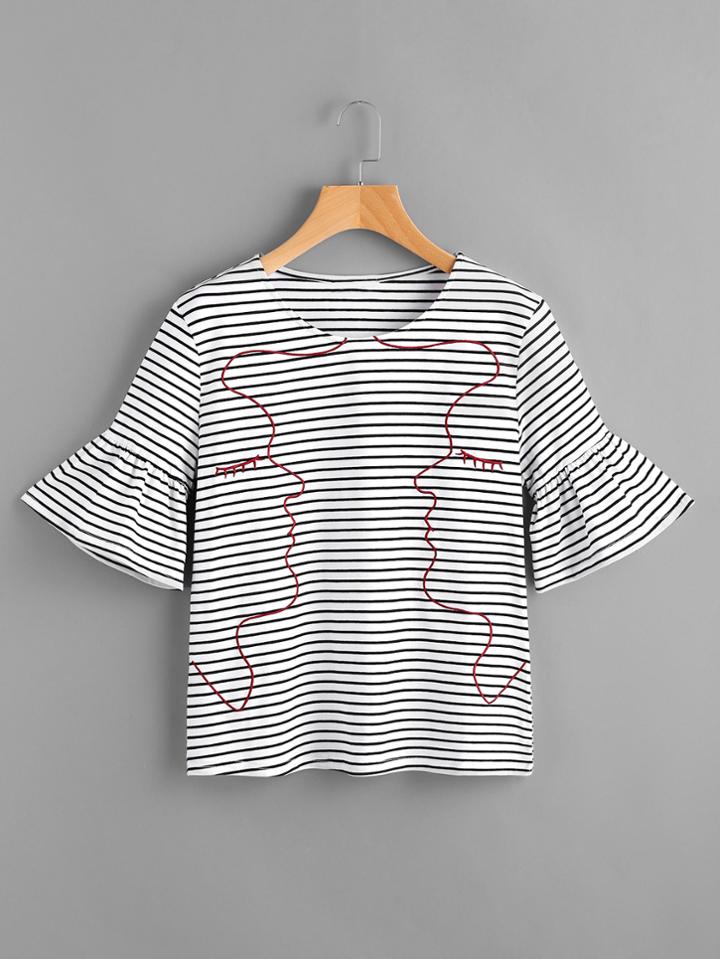 Romwe Fluted Cuff Face Embroidered Stripe Tee