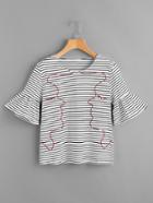 Romwe Fluted Cuff Face Embroidered Stripe Tee