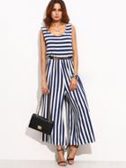 Romwe Navy White Mixed Stripe Wide Leg Jumpsuit