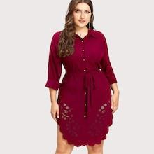 Romwe Plus Laser Cut Out Scallop Hem Shirt Dress