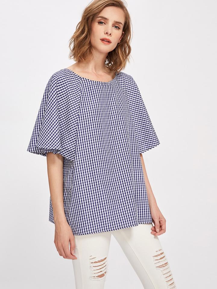 Romwe Gingham Cape Sleeve Blouse