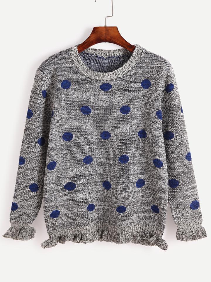 Romwe Grey Ruffle Hem Polka Dot Sweater