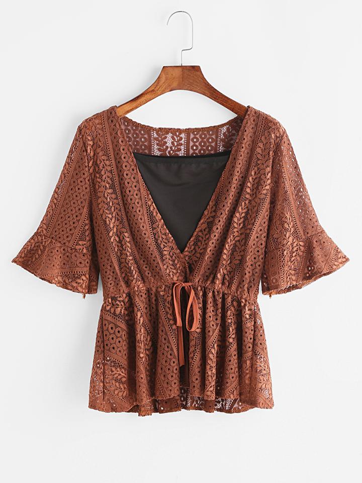Romwe Drawstring Waist Lace Blouse With Black Cami Top