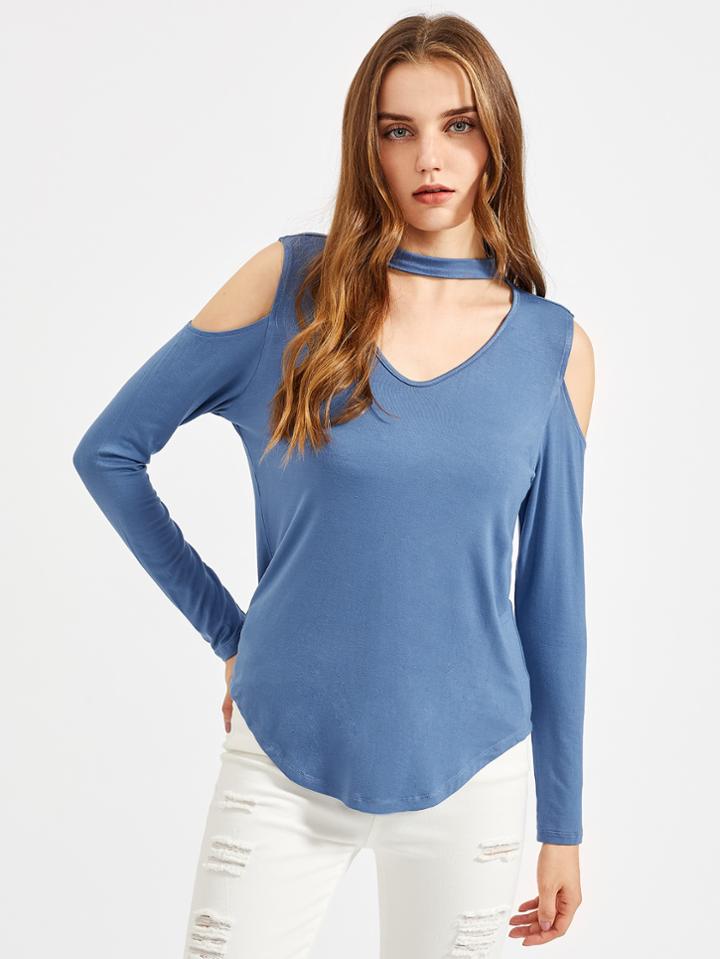 Romwe Choker Neck Open Shoulder Curved Hem Tee