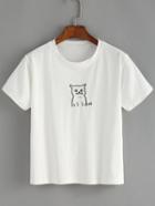 Romwe Cat Embroidered White T-shirt