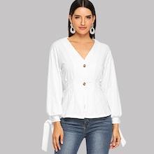 Romwe Solid Button Decoration V-neck Blouse