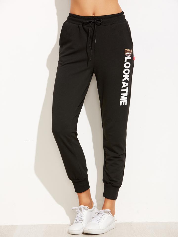 Romwe Black Letter Print Drawstring Pants