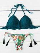 Romwe Printed Tassel Tie Crochet Bikini Set