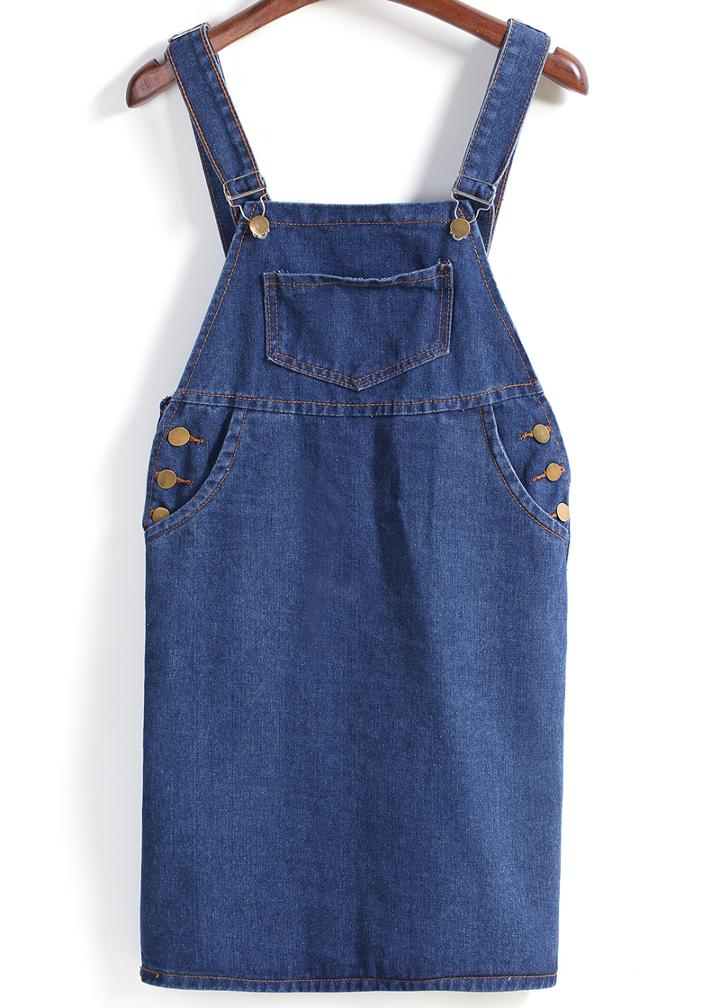 Romwe Strap With Pocket Loose Denim Blue Dress