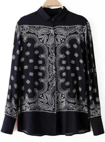 Romwe Black Long Sleeve Vintage Floral Blouse