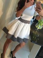 Romwe White Black Round Neck Houndstooth Flare Dress