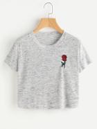 Romwe Rose Embroidered Ribbed Tee