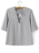 Romwe Grey Half Sleeve Criss Cross Tie T-shirt