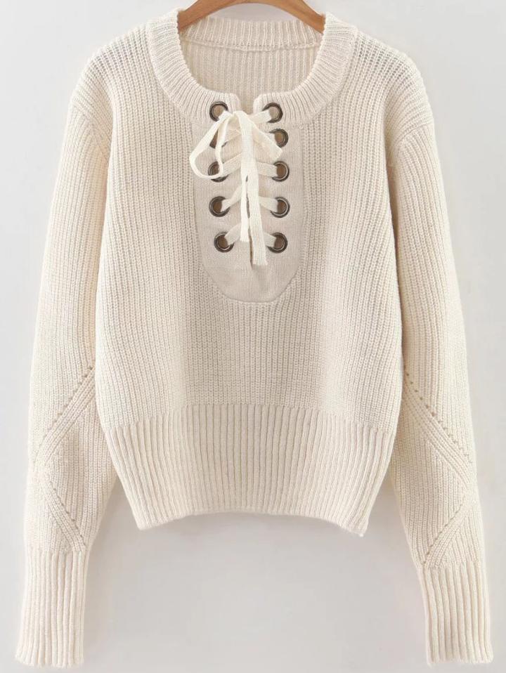 Romwe White Eyelet Lace Up Ribbed Trim Sweater