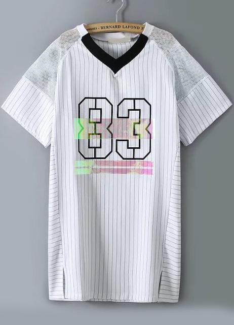 Romwe V Neck Vertical Striped Number Print Split T-shirt