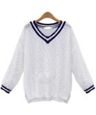 Romwe Striped V Neck White Sweater