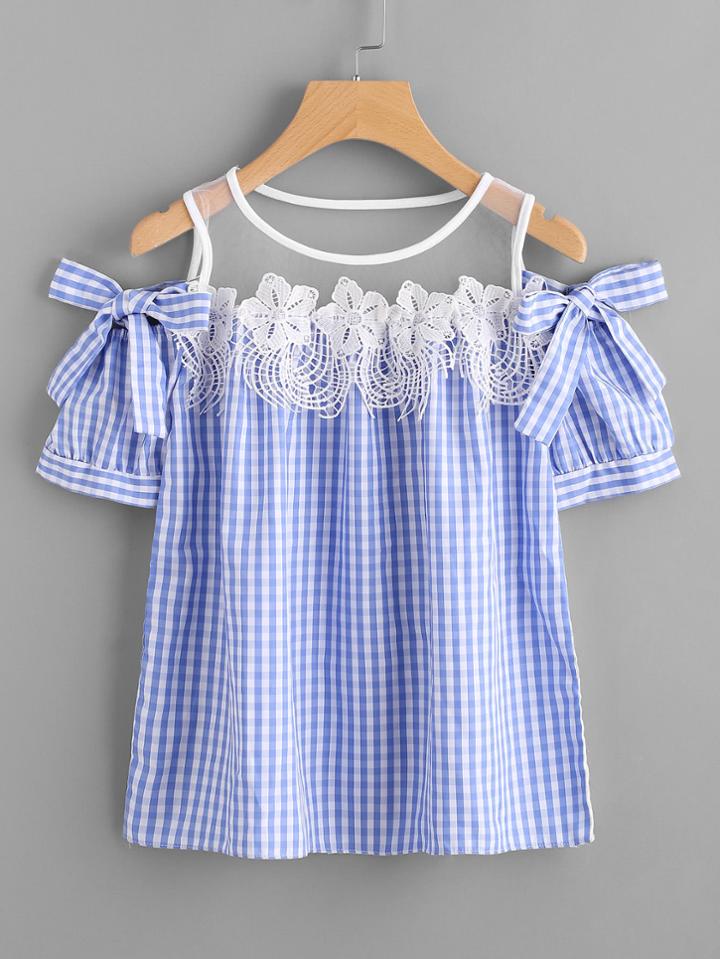 Romwe Gingham Mesh Insert Flower Lace Trim Blouse