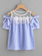 Romwe Gingham Mesh Insert Flower Lace Trim Blouse