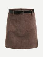 Romwe Dual Pocket Tie Waist Corduroy Skirt