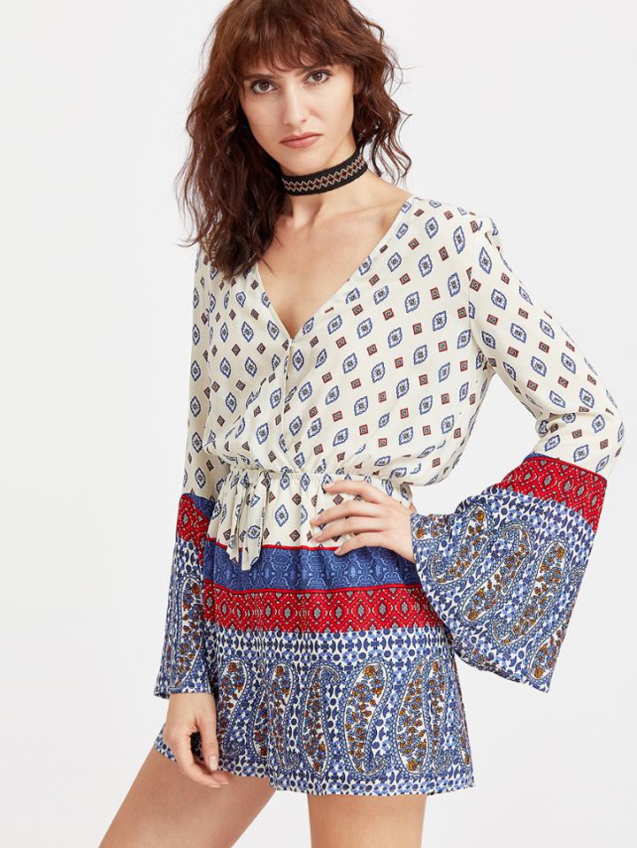 Romwe Multicolor Paisley Print Surplice Front Romper