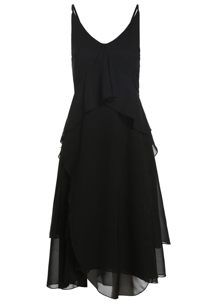 Romwe V Neck Back Lace Up Ruffle Chiffon Dress