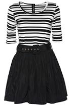 Romwe Striped Print Belted Black Dress