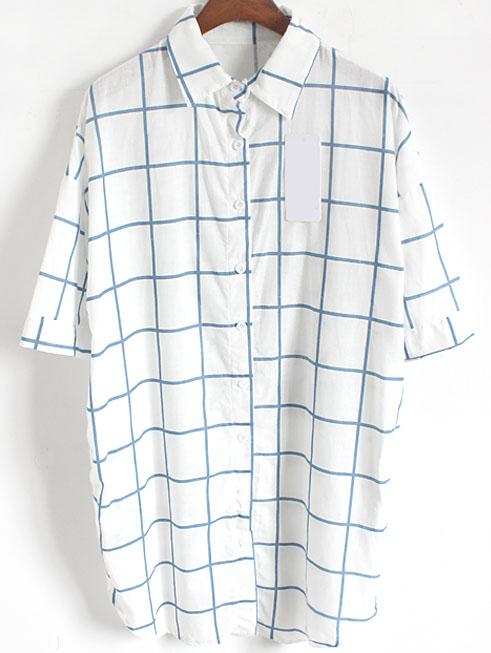 Romwe Lapel Plaid Letter Print Blue Blouse