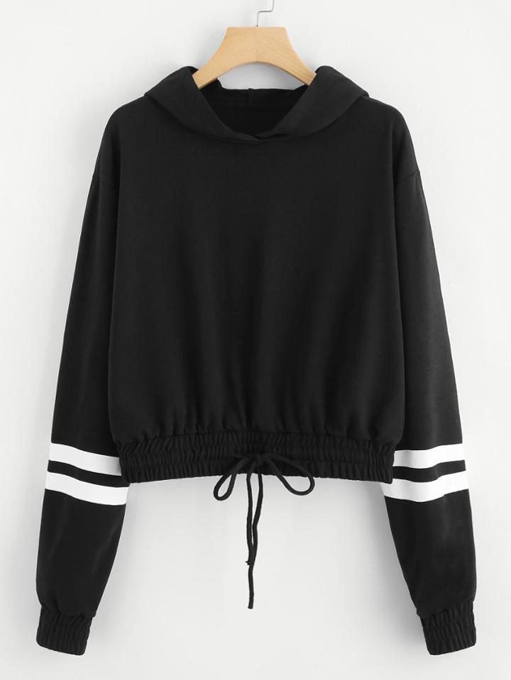 Romwe Drawstring Hem Varsity Striped Hoodie