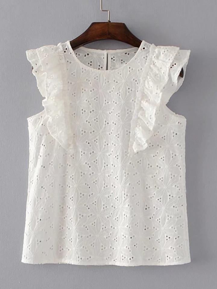 Romwe Frill Trim Hollow Out Sleeveless Top