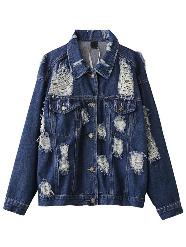 Romwe Blue Ripped Denim Jacket With Pockets