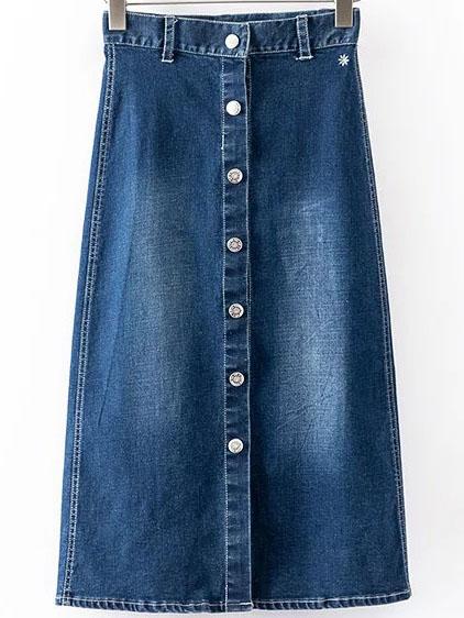 Romwe Single Breasted Bleached Denim Skirt