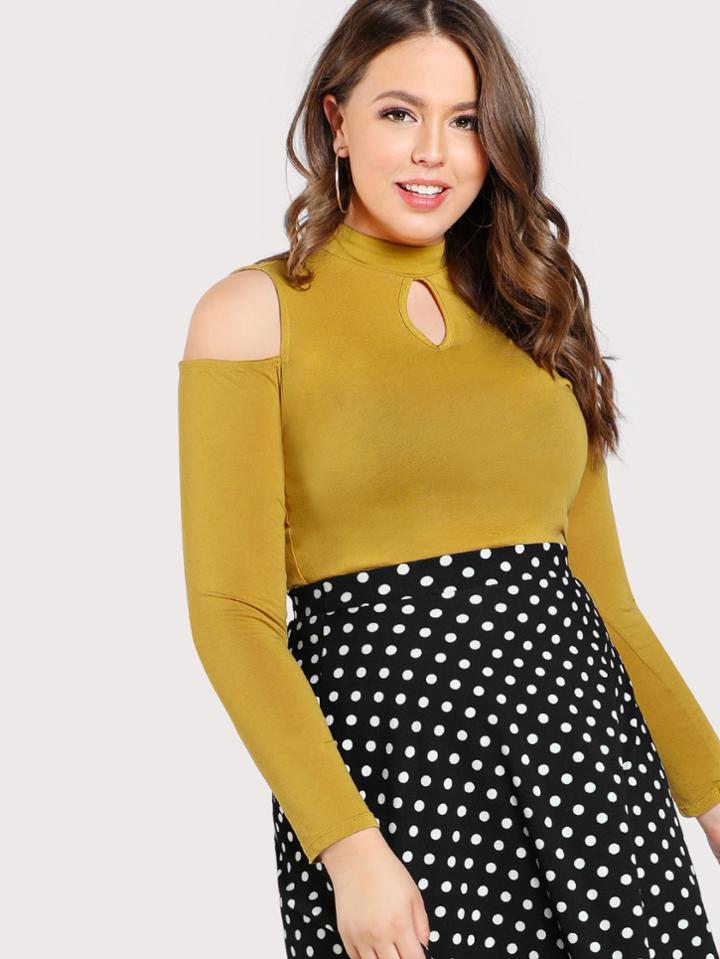 Romwe Cold Shoulder Keyhole Front Long Sleeve Top