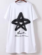 Romwe White Short Sleeve Split Side Star Print T-shirt Dress