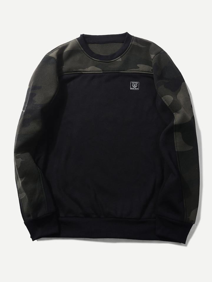 Romwe Men Color Block Camo Owl Applique Sweatshirt