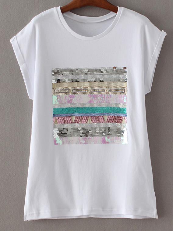 Romwe White Short Sleeve Multicolor Sequined T-shirt