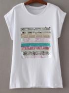 Romwe White Short Sleeve Multicolor Sequined T-shirt