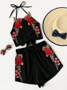 Romwe Rose Embroidery Bow Tie Open Back Top And Shorts Set